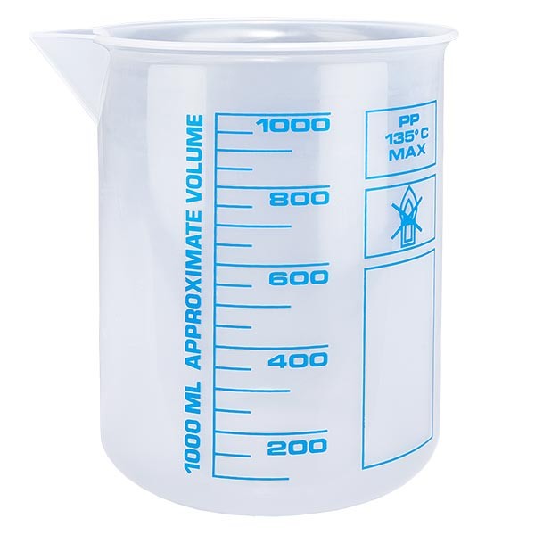 1000 ml mätbägare (Griffin-bägare) PP, antistatisk, med hög transparens enligt DIN 12.311, med gradfri pärlkant, tryckt blå skala 1000 ml mätbägare (Griffin-bägare) PP, antistatisk, med hög transparens enligt DIN 12.311, med gradfri pärlkant, tryckt blå skala