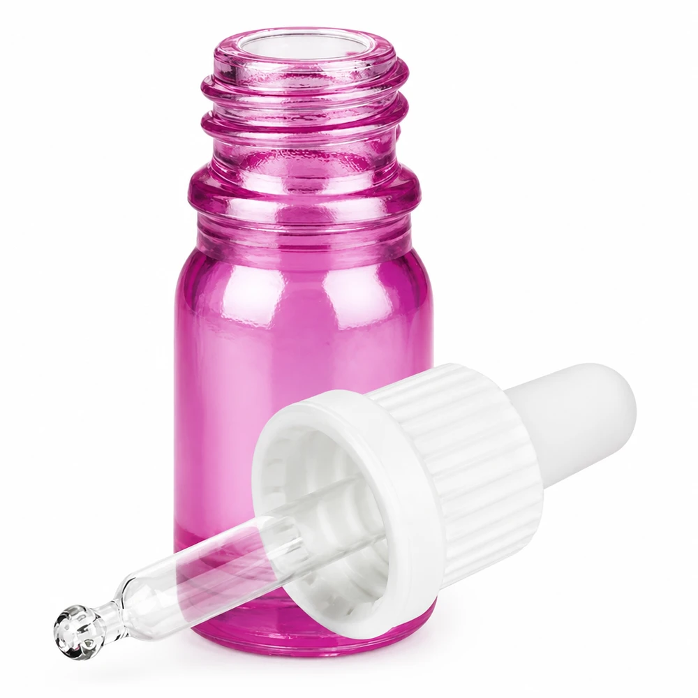 5ml pipettflaska vit originalitet skruvkork PurpleLine UT18/5 Lila 5 ml glasflaska med vit pipett OV PurpleLine UT18/5 för kosmetika och aromaterapi