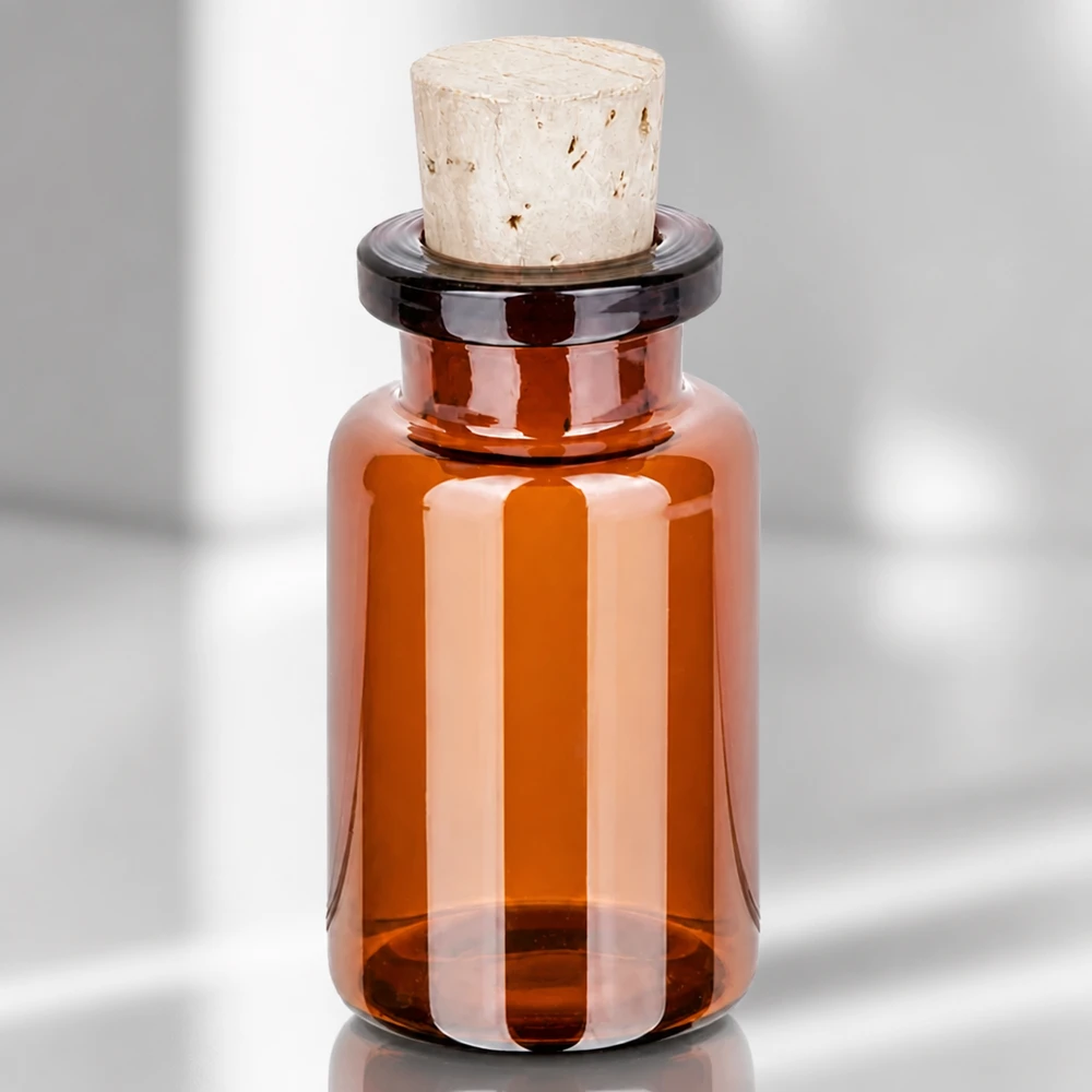 Bärnstensfärgad glasflaska 10ml med kork 11/14mm Handliche Braunglasflasche 10ml mit konischem Naturkorken für Homöopathie und Kräuteröle