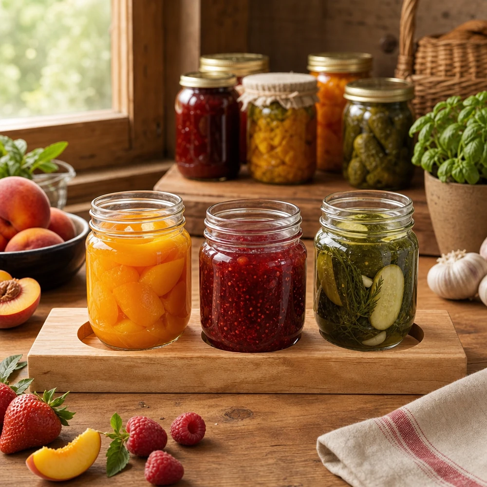 Plano3 serveringsbräda i bambu med tre fyllda WECK-burkar - sylt, pickles och persikor i ett rustikt kök