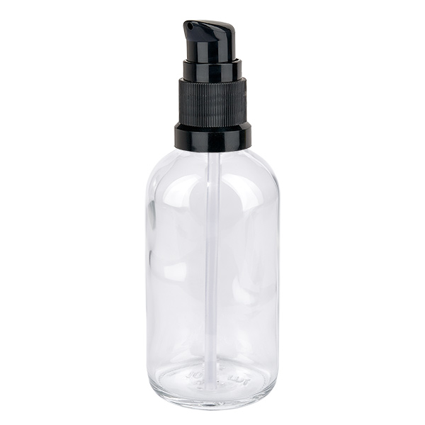100ml pumpflaska svart standardlock ClearLine UT18/100 100 ml glasflaska med svart pump, ClearLine-serien, genomskinlig apoteksflaska