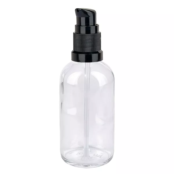 100ml pumpflaska svart standardlock ClearLine UT18/100 100 ml glasflaska med svart pump, ClearLine-serien, genomskinlig apoteksflaska