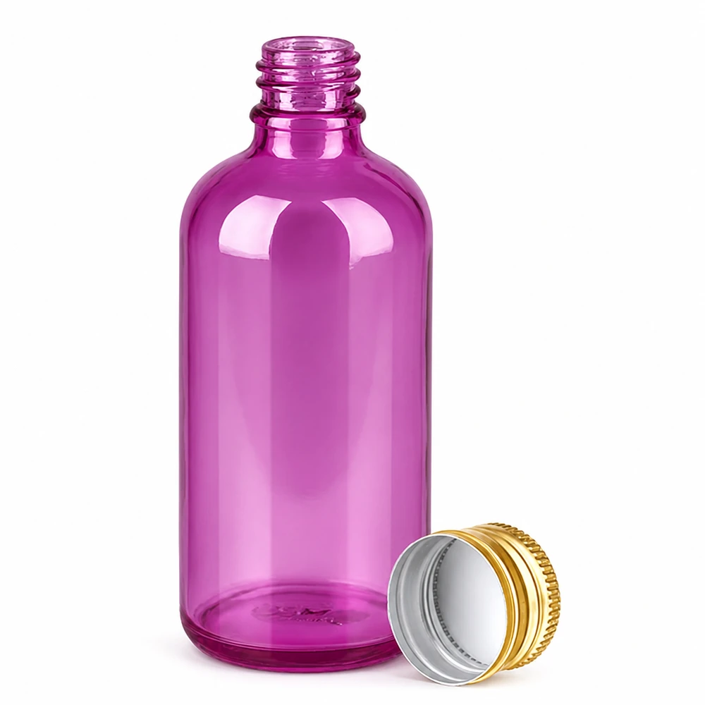 100ml flaska 11mm skruvkork aluminium guld standard PurpleLine. UT18/100 100 ml lila glasflaska med skruvlock i aluminium för eteriska oljor och tinkturer