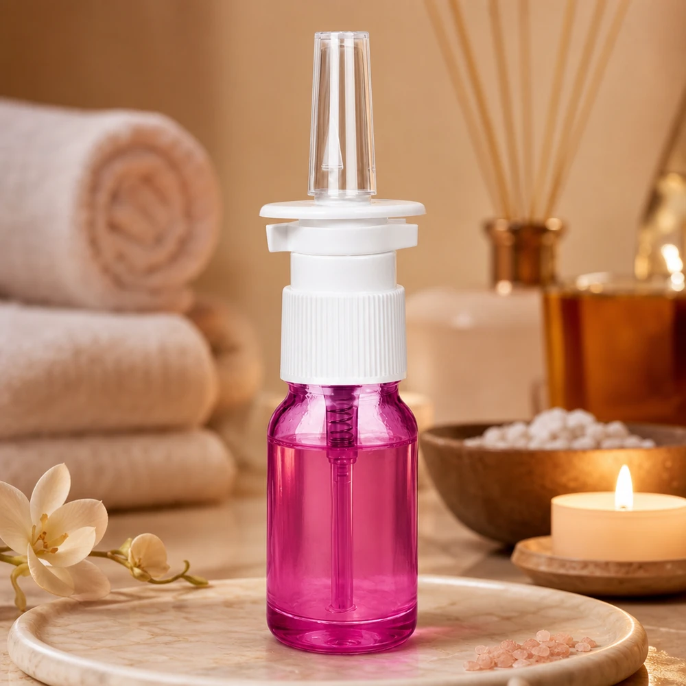 Medicinflaska 10ml med nässpraypump i lila ljusglas för wellness och aromaterapi