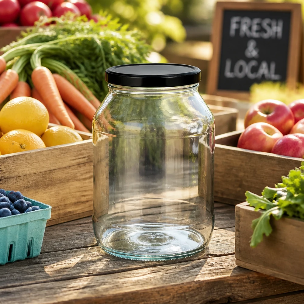2650ml rund burk med BasicSeal-lock svart UNiTWIST Leeres 2650ml Rundglas mit schwarzem Deckel zwischen frischem Obst und Gemüse auf Holztisch im Farmers Market Stil