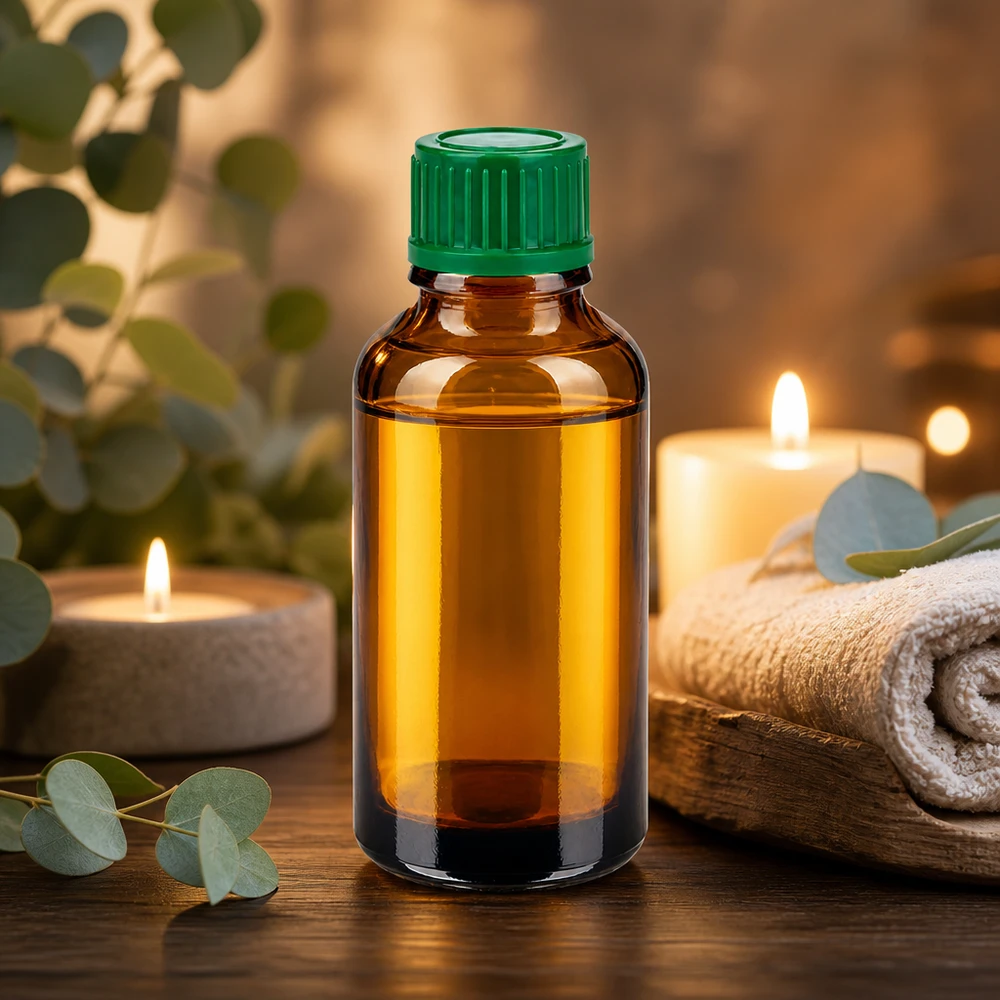 Liten 30 ml glasflaska i brunt med grönt lock, perfekt för aromaterapi och kosmetika