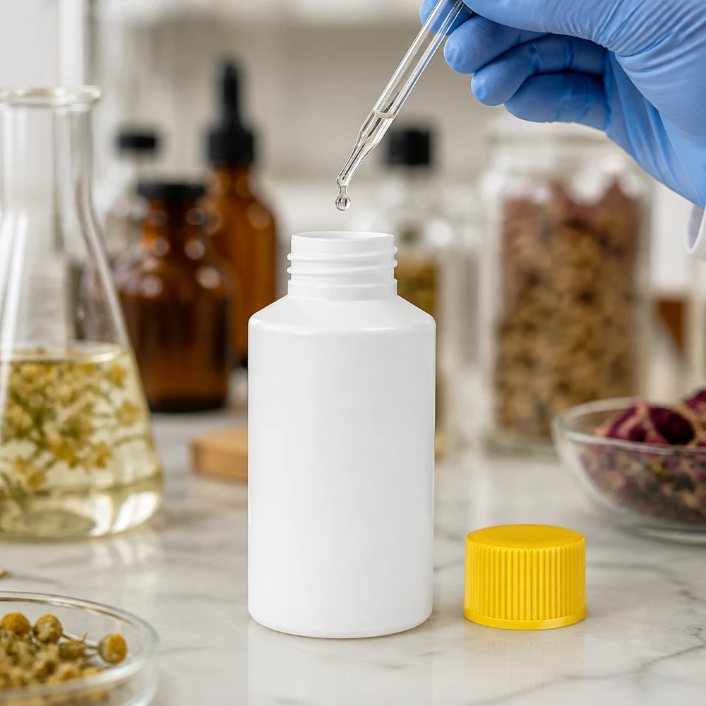 Apoteksflaska HDPE 50ml vit, med gult skruvlock Vit HDPE-apotekflaska på 50 ml med gult skruvlock i en professionell laboratoriemiljö