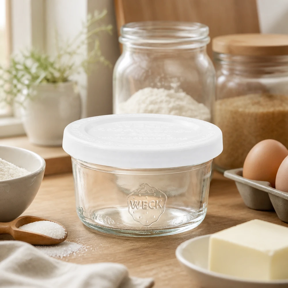50ml Krossade glasögon med friskhetslock WECK RR60 50 ml WECK RR60-glas med fräscht lock i ett rustikt kök mellan bakingredienser, mjöl, ägg och träredskap