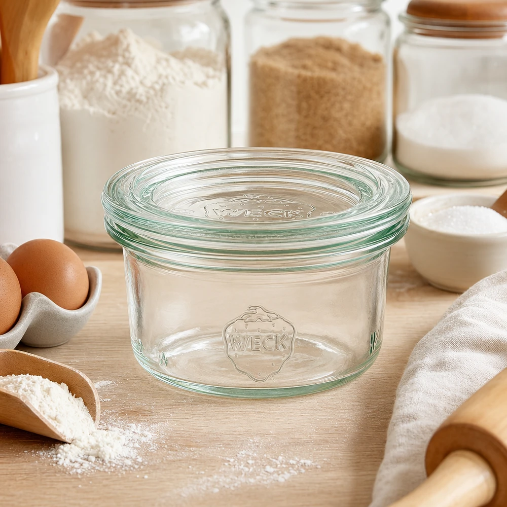 50ml Krossade glasögon med glaslock WECK RR60 WECK tumblers 50ml RR60 i köksmiljö med mjöl, ägg och bakingredienser för mångsidig förvaring