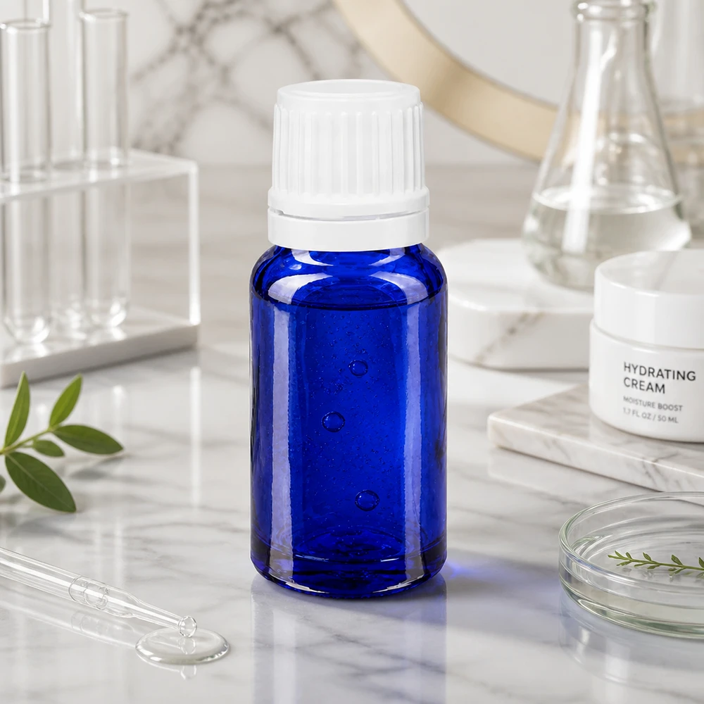 Apoteksflaska blå 10ml skruvkork vit säkerhetsförslutning Ljusskyddsflaska, 10 ml, blå med vitt skruvlock, på marmor bredvid laboratorieglas
