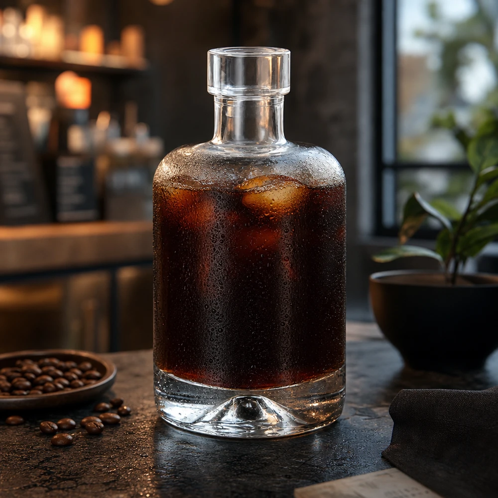 50 ml glasflaska Amelie fylld med kallbryggt kaffe bredvid kaffebönor visar användning för drycker och sprit