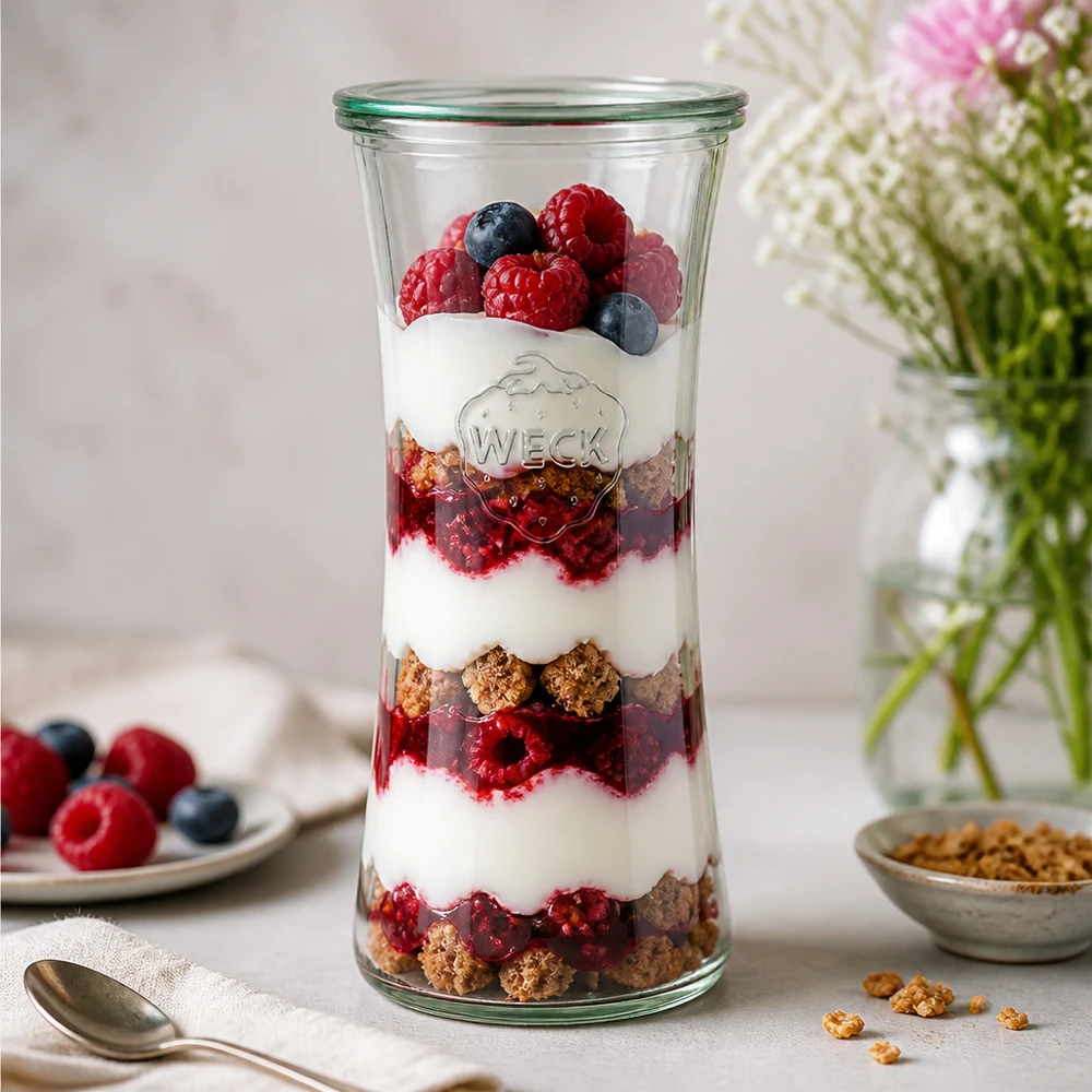 700ml delikatessburk med glaslock WECK RR80 WECK 700ml Delikatessenglas RR80 mit geschichtetem Joghurt-Beeren-Parfait - stylisches Einmachglas für Desserts