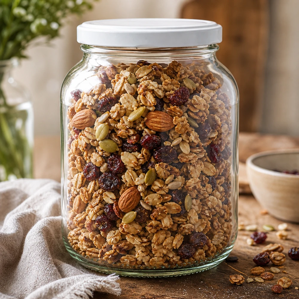 370 ml oval burk UNiTWIST med vitt lock fylld med müsli nötter torkad frukt granola förvaringsburk kök