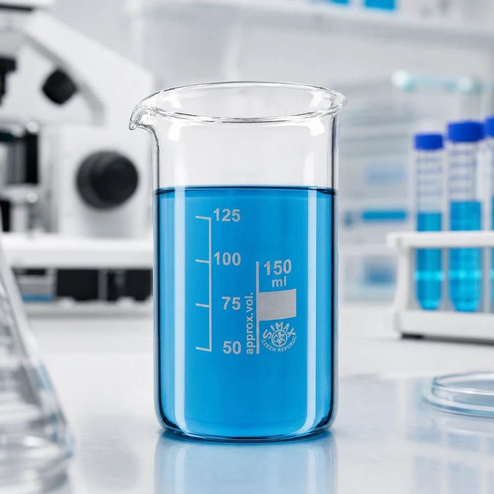 Bägare 150ml borosilikatglas, hög form Laboratorium: 150 ml beger med hög form och blå vätska på en vit arbetsyta