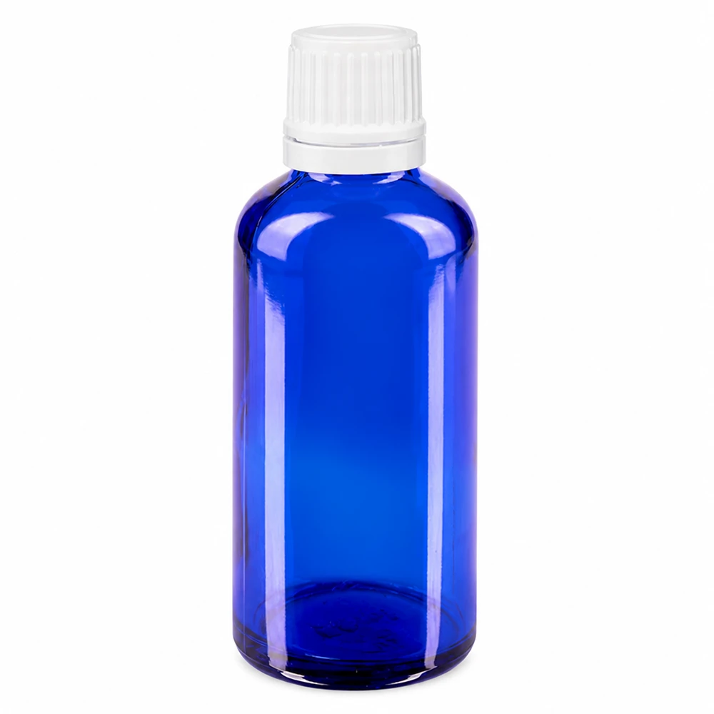 Apoteksflaska blå 50ml droppflaska 1,2mm vit barnsäker förslutning 50 ml blå apotekarflaska i glas med vit droppkork, 0,7 mm OV