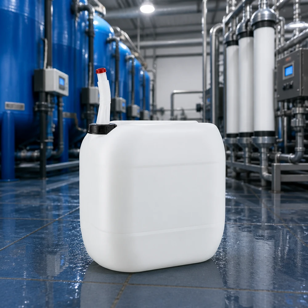 Dunk 30 liter med flexibelt utloppsrör Fyrkantig 30-liters HDPE-dunk med flexibel uthällningspip i ett modernt vattenreningsverk