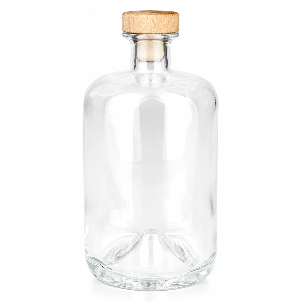 700 ml apoteksflaska Sofia med kork med trähandtag UNiTWIST® 700 ml glasflaska Sofia med trähandtag kork UNiTWIST transparent tom på vit bakgrund