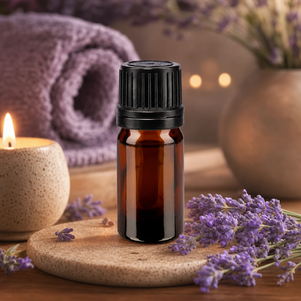Apoteksflaska brun 5ml skruvkork svart hällring tamper-evident stängning Brun 5 ml apoteksflaska med svart droppkork framför lavendelblommor och ett ljus