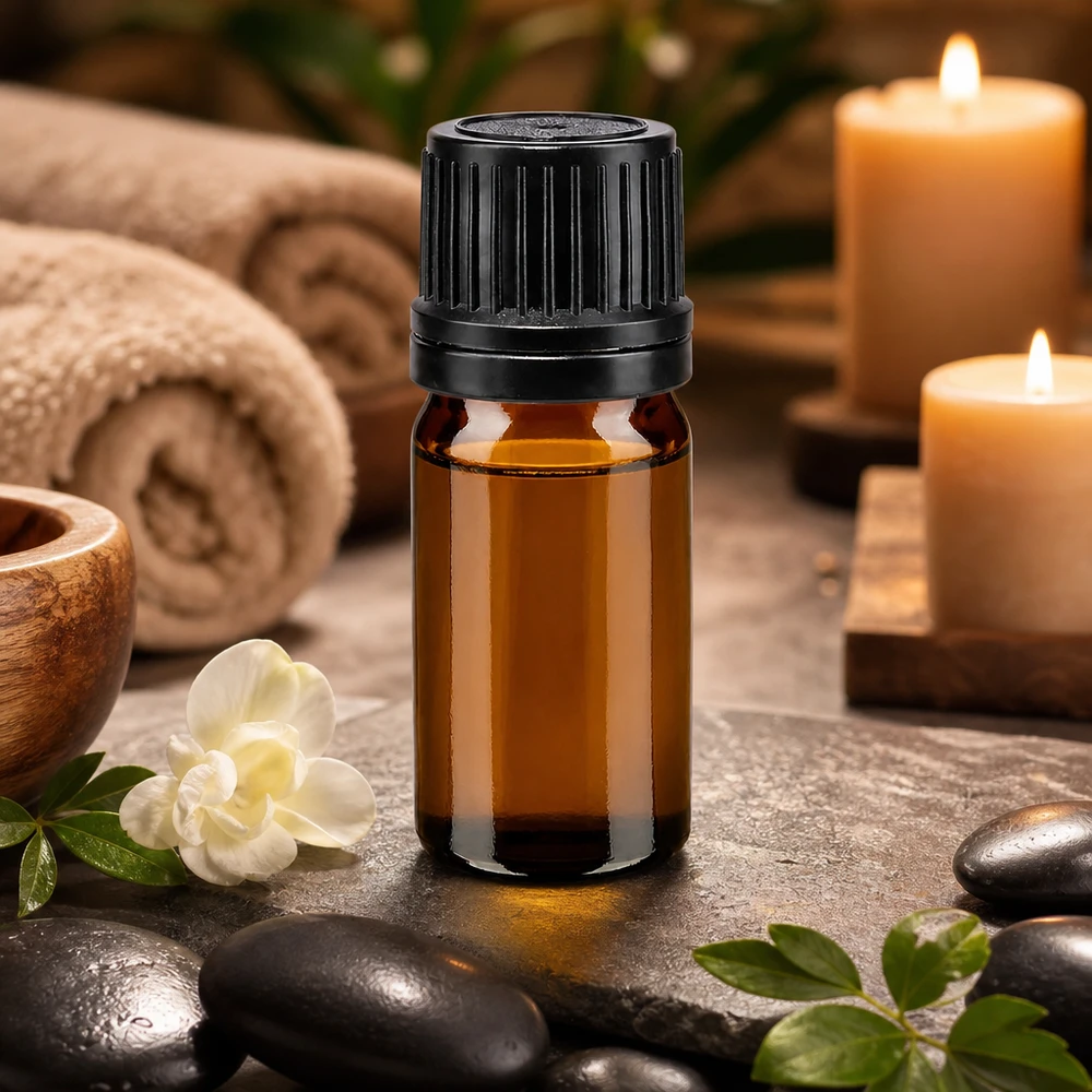 Apoteksflaska brun 5ml skruvkork svart hällring tamper-evident stängning En bärnstensfärgad glasflaska på 5 ml med svart OV-lock, med massagestenar och en vit blomma
