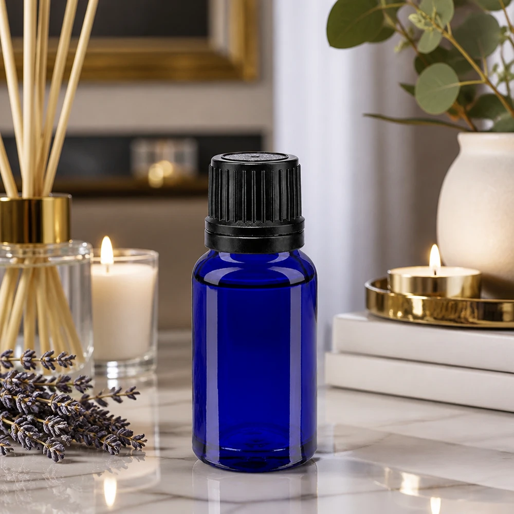 Apoteksflaska blå 10ml skruvkork svart hällring Tamper-evident förslutning 10 ml koboltblå glasflaska med svart originalförslutning för eteriska oljor och aromaterapi