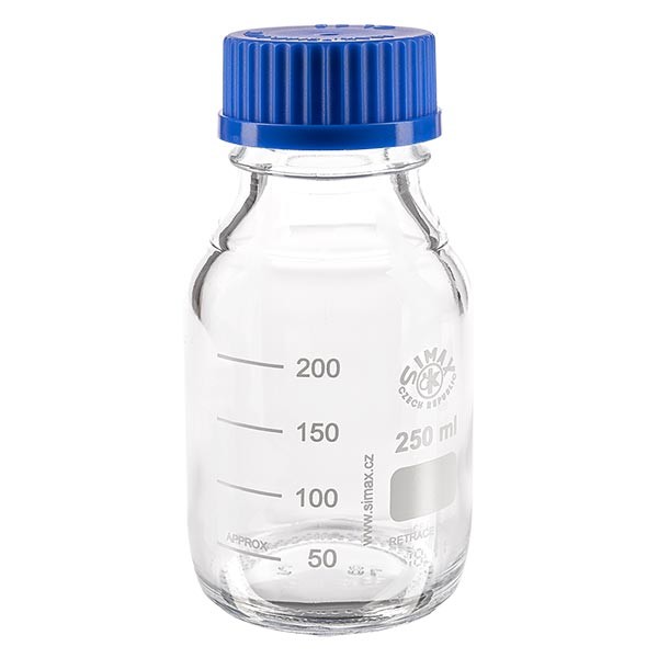 Gängad laboratorieflaska 250ml med lock, borosilikat Gängad laboratorieflaska 250ml med lock, borosilikat
