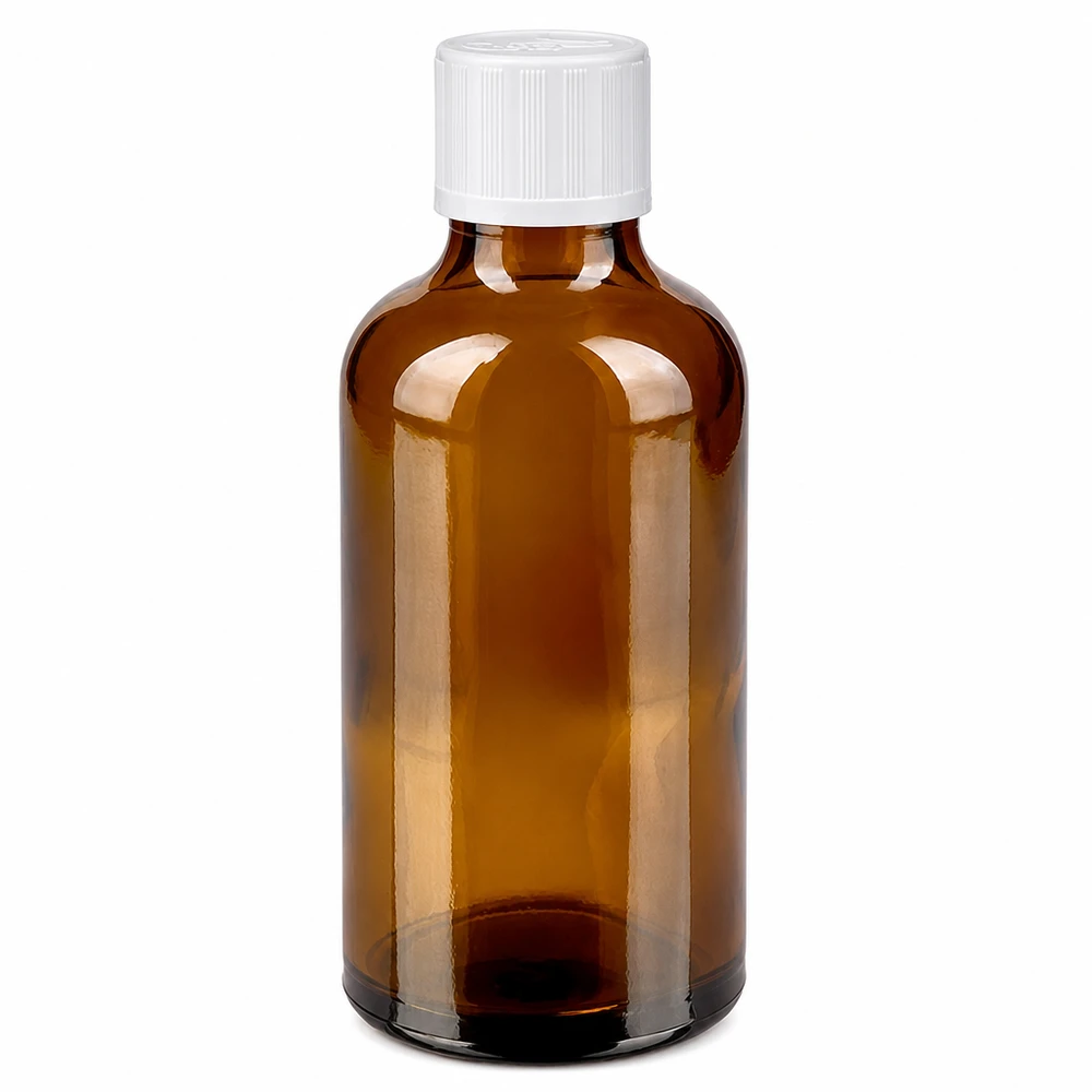 Apoteksflaska brun 50ml skruvkork vit barnskyddande standard 50 ml brun apoteksflaska med vitt barnsäkert lock, tillverkad av högkvalitativt brunt glas
