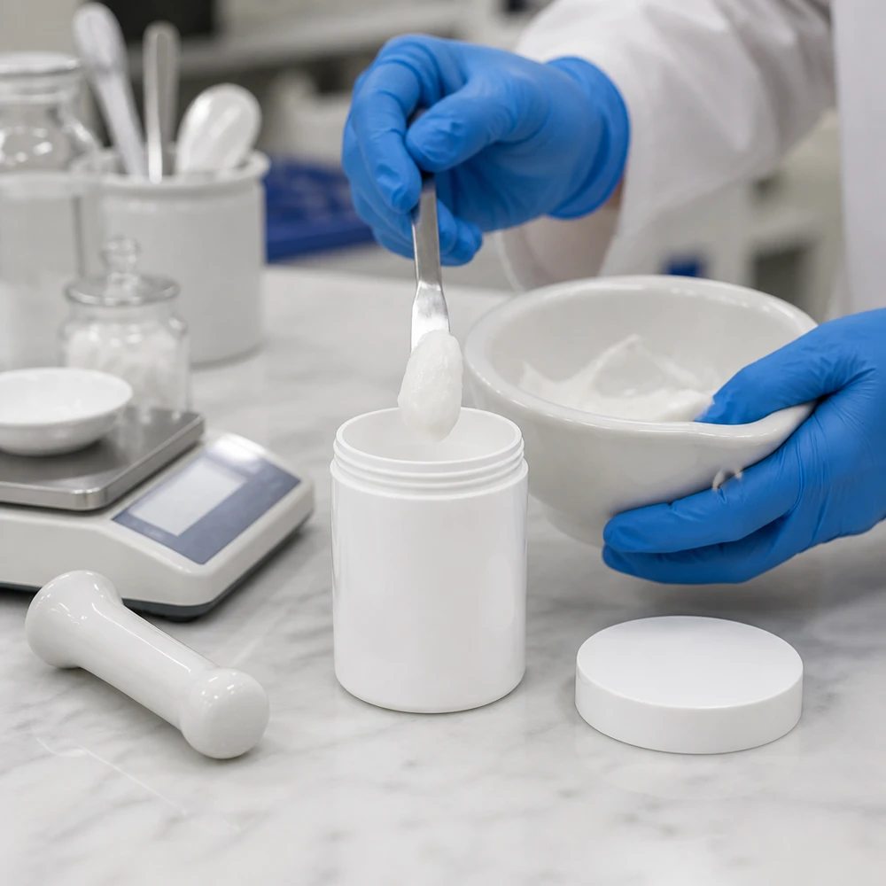 Salvburk 150g vit med vitt skruvlock (polypropylen) Vit 150 g salvorburk av PP med skruvlock och spatel vid påfyllning av laboratoriepersonal