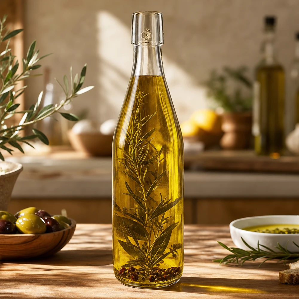 500ml glasflaska utan svängbar topp UNiTWIST 500 ml UNiTWIST-glasflaska fylld med olivolja och örter i medelhavsköket som ett exempel på användning
