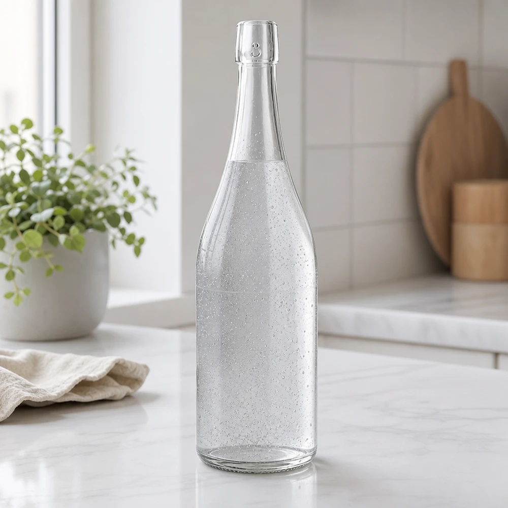 750ml glasflaska utan svängbar topp UNiTWIST 750 ml UNiTWIST-glasflaska fylld med kolsyrat vatten modernt kök bänkskiva i vit marmor atmosfär