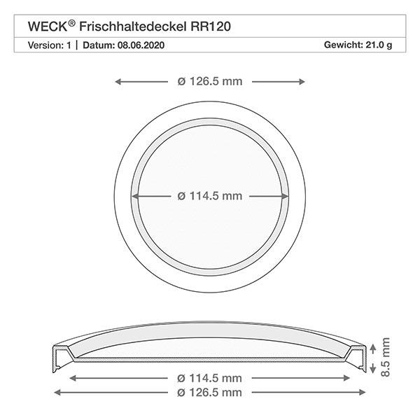 WECK Lock för färskhållning RR120 Teknisk ritning WECK RR120 färskhållningslock med måtten 126,5 mm ytterdiameter 114,5 mm innerdiameter