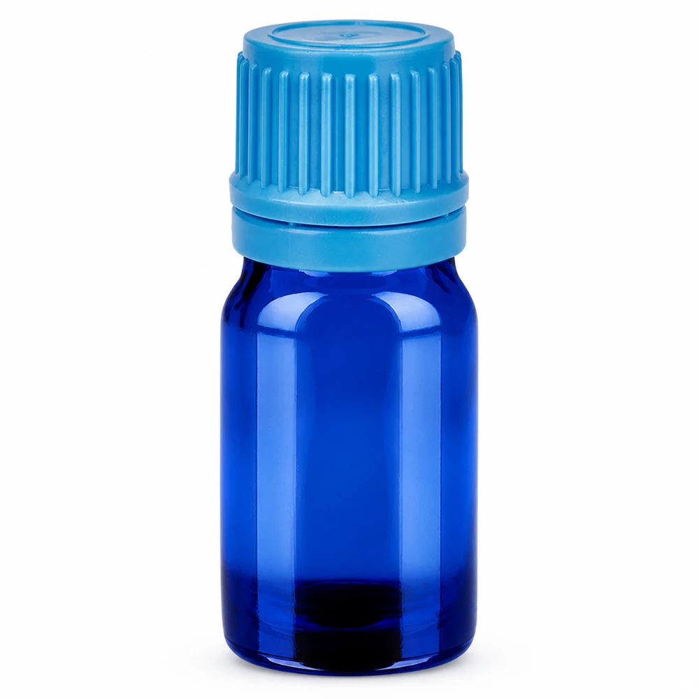 5 ml blå glasflaska med skruvlock för eteriska oljor och kosmetika
