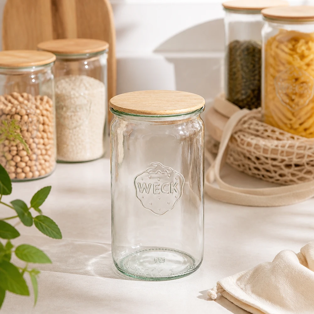 WECK cylinderburk 340ml RR60 tom transparent med trälock i modern köksutrustning med förvaringsburkar