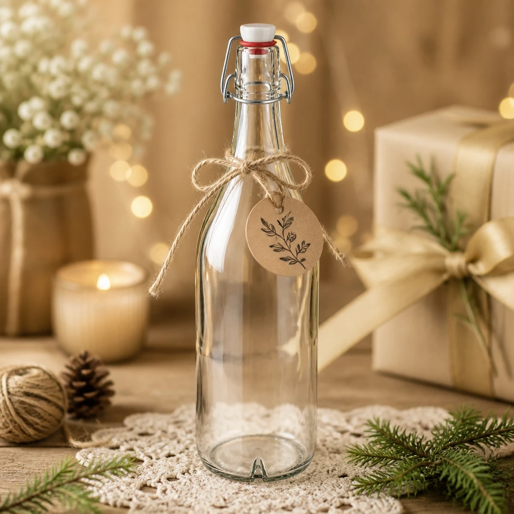 1000 ml glasflaska PVC med svängbar topp dekorerad för jul med presentetikett rustik stil vinterdekoration