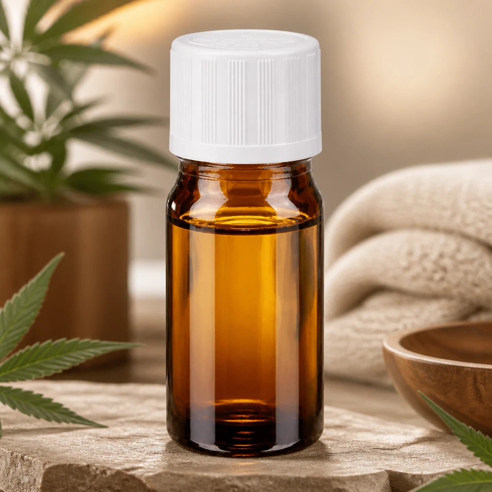 Apoteksflaska brun 5ml droppflaska vit barnsäker standard En bärnstensfärgad droppflaska på 5 ml med ett vitt KiSi-lock, placerad mellan cannabisblad på natursten