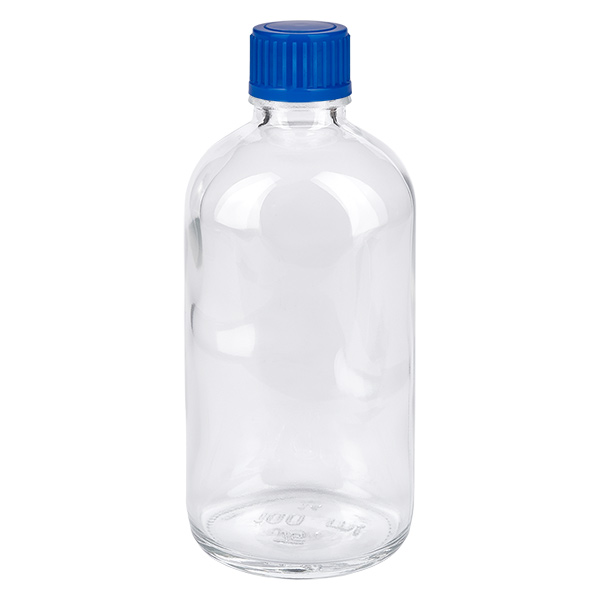 100ml flaska 11mm skruvkork blå standard ClearLine UT18/100 100 ml glasflaska med blå skruvkork, ClearLine UT18, genomskinligt klart glas
