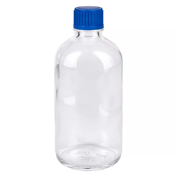 100ml flaska 11mm skruvkork blå standard ClearLine UT18/100 100 ml glasflaska med blå skruvkork, ClearLine UT18, genomskinligt klart glas