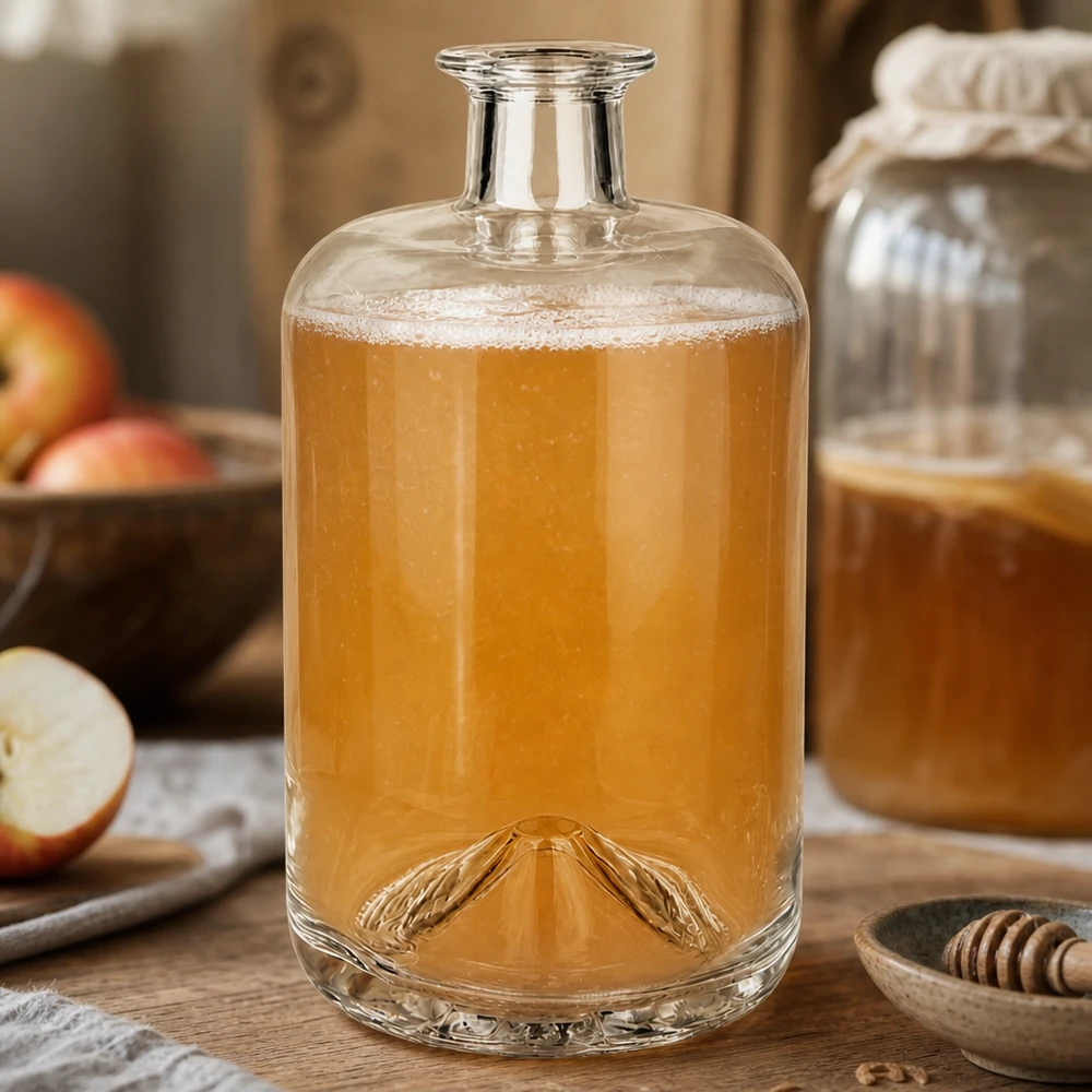 700 ml apoteksflaska Sofia utan lock UNiTWIST® 700 ml Sofia glasflaska fylld med äppeljuice omgiven av färska äpplen och honung rustikt kökslandskap