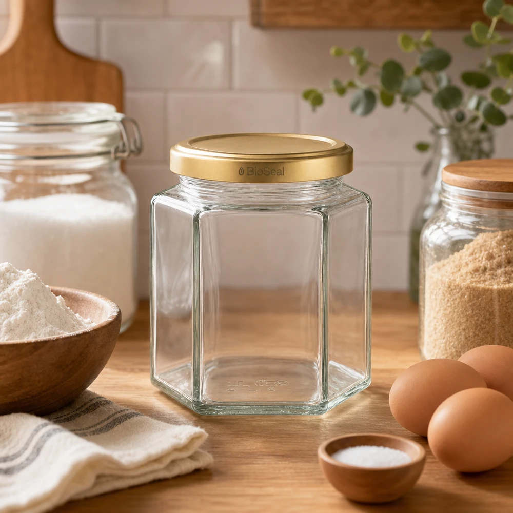 390 ml Hexa-burk med BioSeal-lock i guld UNiTWIST UNiTWIST Hexa390 tom förvaringsburk med gyllene BioSeal-lock i köket med bakingredienser mjöl ägg och kryddor