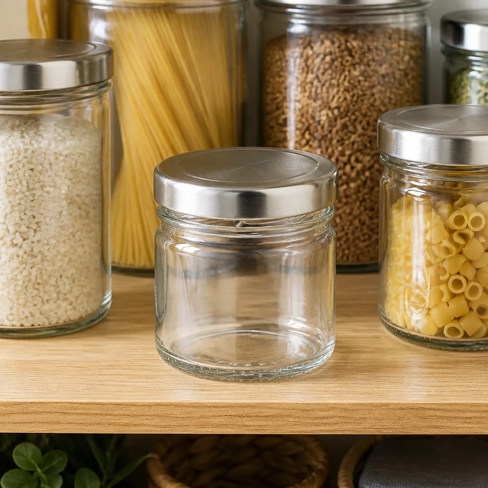 33 ml rund glasburk med BasicSeal-lock i silver i förvaringshyllan mellan ris och pasta