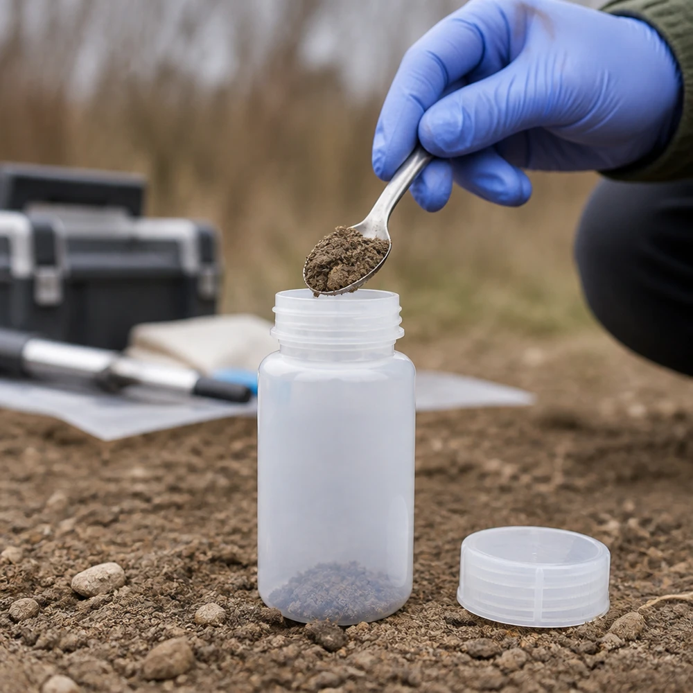 1000 ml laboratorieflaska med vid hals och skruvkork Provtagning i fält: Jordprovet fylls med en skopa i en 1000 ml HDPE-laboratorieflaska med vid hals