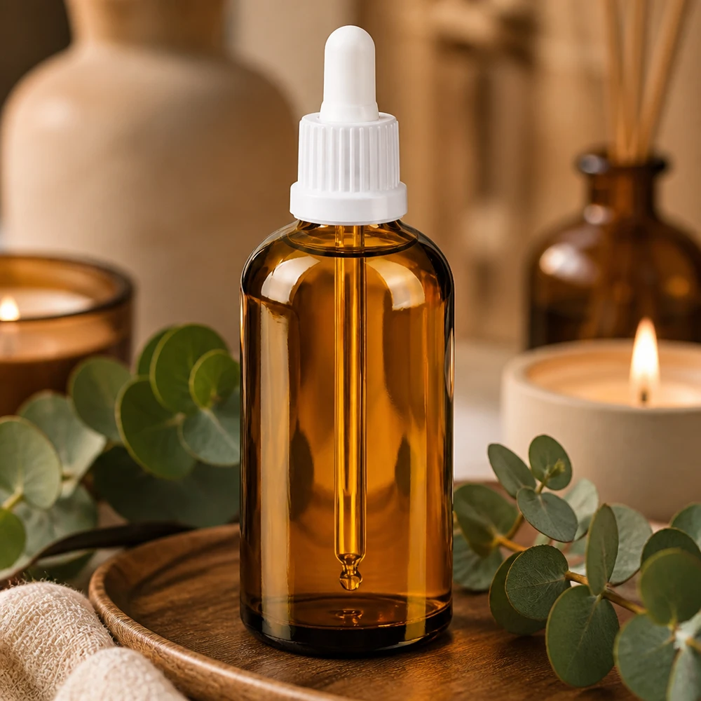 100 ml pipettflaska vit med säkerhetsförslutning BrownLine UT18/100 Vitt pipettlock på 100 ml bärnstensfärgad glasflaska för exakt applicering av eteriska oljor