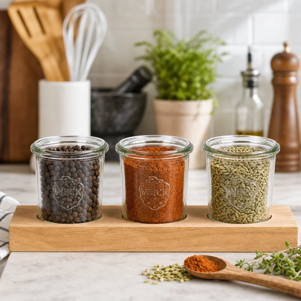 Serveringsbricka Plano3 med 3 Weck-burkar à 140 ml Kryddor i WECK-glas 140ml på serveringsbräda Plano3 Pepparkorn Paprika Fänkålsfrön Köksorganisation