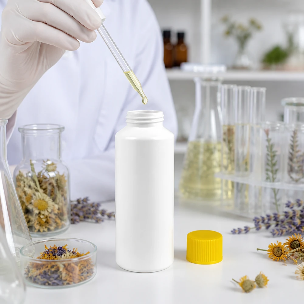 Cylindrisk vit plastflaska på 100 ml med gult skruvlock bland medicinalväxter