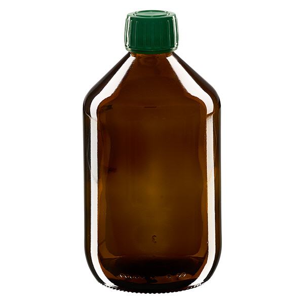 500 ml medicinflaska brun, lock grönt med säkerhetsring ApoGlas 500 ml medicinflaska brun, lock grönt med säkerhetsring ApoGlas