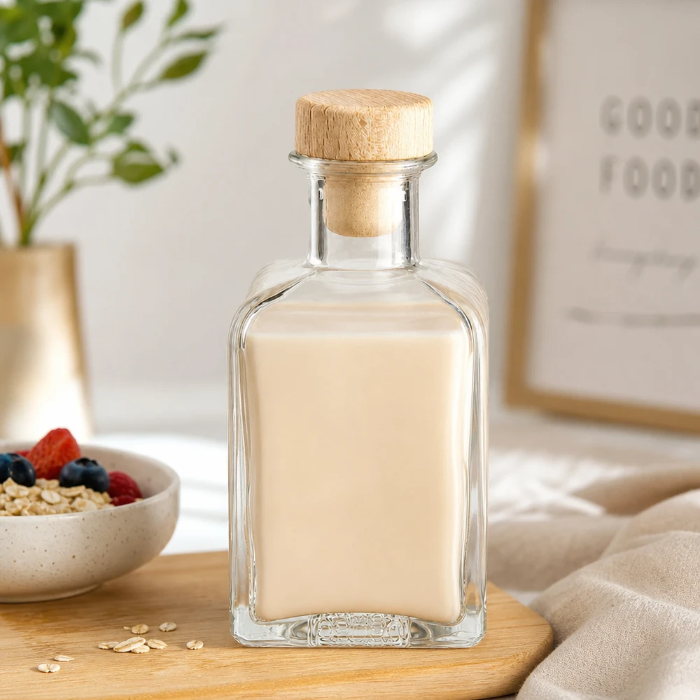 200 ml apoteksflaska Clara med träkork UNiTWIST® 200 ml glasflaska Clara fylld med havremjölk träkork flingskål bär havre hälsosam näring frukost