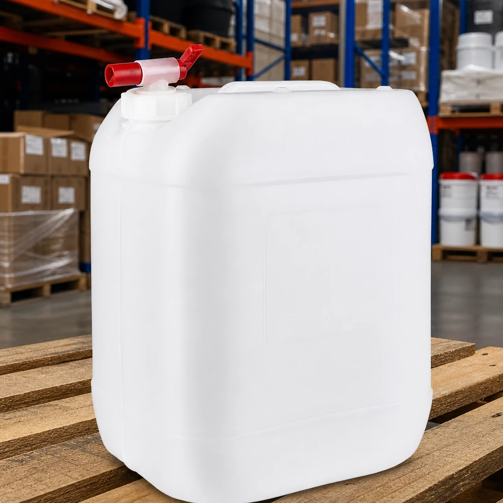 Tom vit plastdunk på 20 liter med tappkran på träpall i lagret