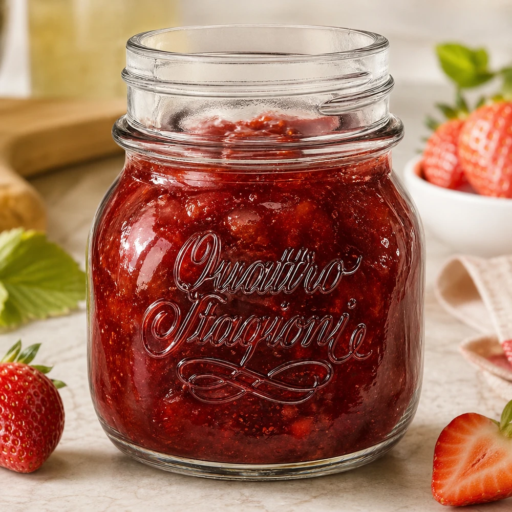 150ml runt glas "Quattro Stagioni" QS56mm Hushållsburk Quattro Stagioni 150ml fylld med röd jordgubbssylt bredvid färska jordgubbar på träbord
