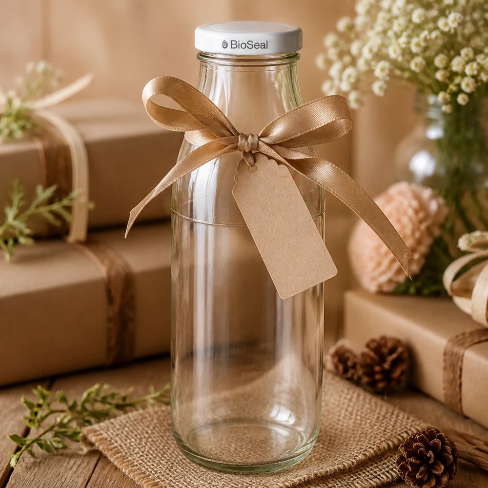 500 ml glasflaska + BioSeal-lock vit UNiTWIST 500 ml tom glasflaska presentförpackad med brun rosett och etikett, vitt BioSeal-lock