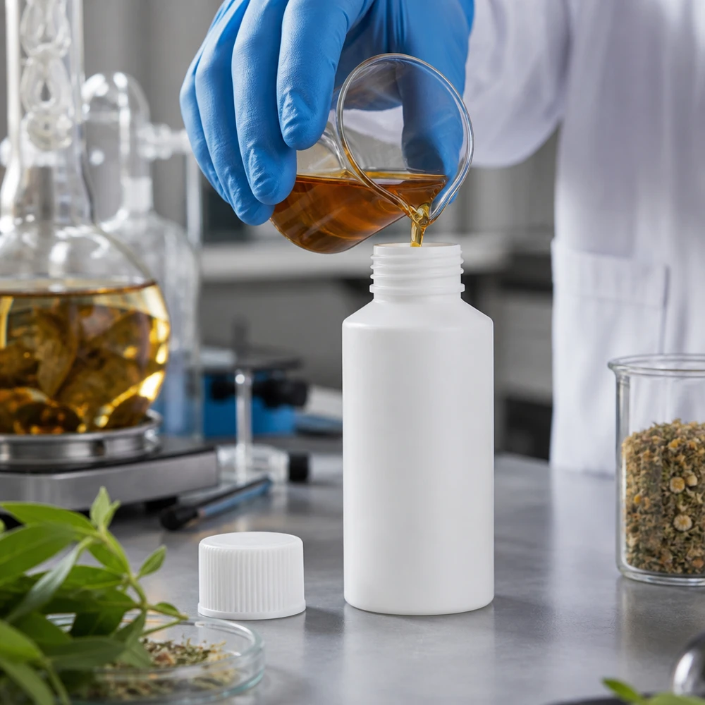 Apoteksflaska HDPE 50ml vit, med vitt skruvlock Laboratorieteknikern fyller en vit 50 ml HDPE-flaska med växtextrakt och sätter på säkerhetslocket