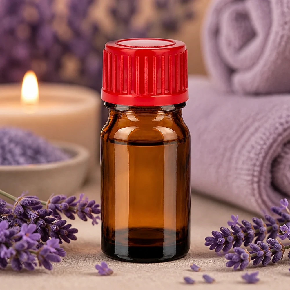 Liten 5 ml apoteksflaska i bärnstensfärgat glas med praktiskt rött lock för aromaterapitillämpningar